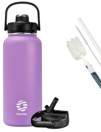 Fjbottle Borraccia Termica con cannuccia - 2xTappi - 950ML/1200ML Bottiglia Termica - Senza BPA/Senza Perdite Borracce acciaio inox per Scuola, Sport, Palestra, Ciclismo