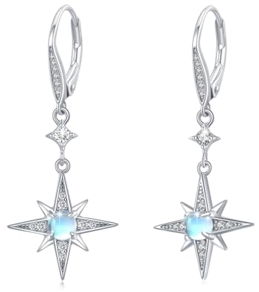 Mondstein Ohrringe 925 Sterling Silber Tropfen Ohrringe Achtzackiger Stern Hänge Ohrringe zirkonia Schmuck für Mädchen Mutter Damen Geschenk zum Valentinstag