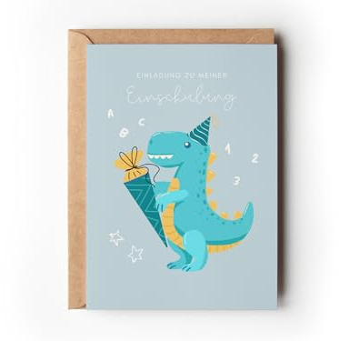 10 Einschulung Einladungskarten mit Dino inkl. Umschläge, Blaue Einladung mit Dinosaurier und Schultüte Schulbeginn Junge, Coole Partyeinladung 1. Schultag, Schulstart Einladung Schulkind (Dino Blau)