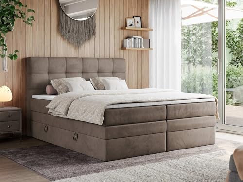 MKS MEBLE Boxspringbett 200x200 mit Bettkasten und Matratze H3 - Boxbett - Braun Velvet - ERNI King