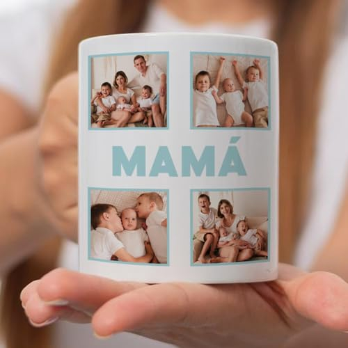 Transparent Gift Taza Personalizada con Cuatro Fotos Mamá. Tazas Originales para Regalar en el Día de la Madre. Regalos Personalizados con Foto. Regalos Originales para Mujer. Regalos para Madres