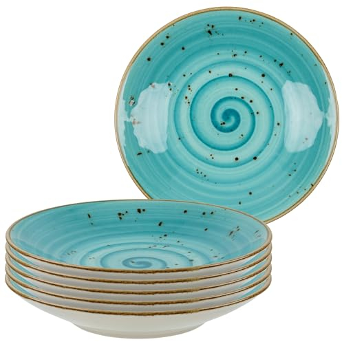 Bonsoo PORZELLAN Schüssel, Suppenteller 6er Set I spülmaschinen-, mikrowellen-, kratzfest I elegantes Tellerset handbemalt I Tellerset 6 Personen (Türkis - schwarz gesprenkelt), YO-AJNT-8I87