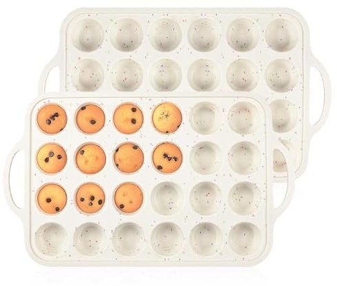 CAKETIME Mini Muffin Pan, Metal Reinforced Frame Mini Cupcake Pans 24 Cups Nonstick Muffin Silicone Molds with Handle for Baking Muffins, Cupcakes, Egg Bites 2 Pack