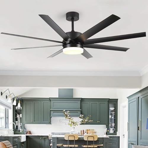 Uziqueif 72 Inch Black Ceiling Fans, Ceiling Fan with Light and Remote Control, Ceiling Fan with Light, Large 8 Blades, Quiet, 18W LED, for Bedroom, Living Room,72 IN