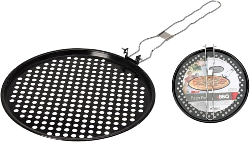 BARGAIN4ALL Barbecue Pizza Pan - BBQ Pan Stainless Steel Oil Drain Pan with Handle Camping BBQ Frying Grill Pan Nonstick with Holes for Smoky Flavor Grill Serving Tray 33cm