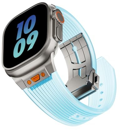 Jopinl Clear Watch Band for Apple Watch Ultra 2 Band 49mm 45mm 44mm 42mm, Luxury Men Transparent Silicone Rubber Strap with Folding Clasp for iWatch Ultra Series 9 8 7 6 5 4 3 2 1 SE(Blue)