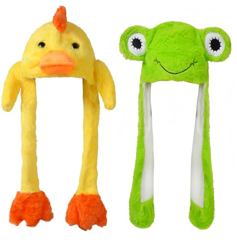 YC JILAI 2 Pack Animal Hat Frog and Duck Plush Ears Moving Jumping Hat Unisex for Dress Up Halloween Christmas Cosplay Party