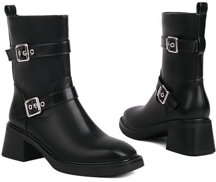 KUHAOFEU Stivali A metà Polpaccio da Donna Fibbie Stivali Biker con Tacco Basso Grosso Stivali Invernali Alti,Nero,43 EU