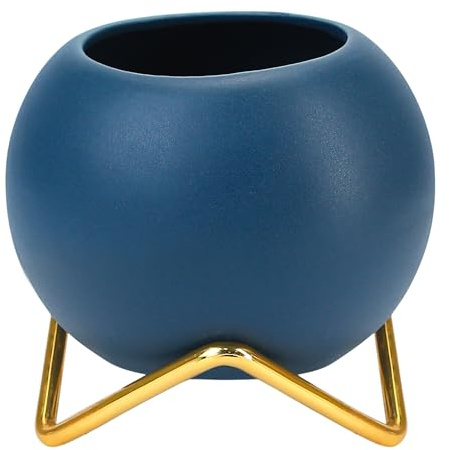 BuleVina 4” Ceramic Plant Flower Pot - Indoor Planter Pot with Gold Metal Stand for Herbs Orchids Cacti Succulents Potted Planter (Navy Blue)
