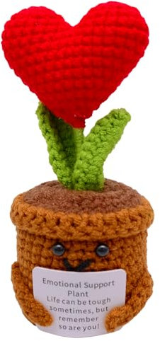 HVIHWI Handmade Crochet Flowers, Emotional Support Gift, Small Potted Knitted Desk Decorations Cute Red Heart Yarn Potted Plant Motivational Gift for Weeding Table Shelf Office Ornament (Red)