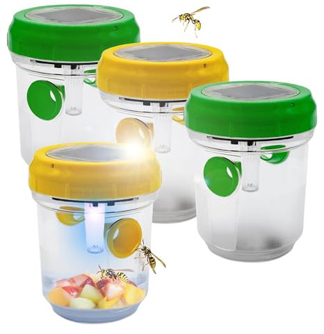 Solar Wespen Lebendfalle zum Aufstellen 9 x 7 cm - 4er Set - Kunststoff Insektenfalle mit LED Licht ohne Chemie - Mücken Fliegen Fänger Wespen Insekten Falle für natürlichen Lockstoff mit Blaulicht