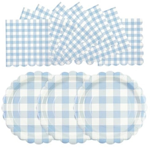 EVYIENEN 50PCS Blue Scalloped Paper Plates and Napkins Set,25x7inch Paper Plates & 25x6.5inch Napkins Disposable Party for Birthday Baby Shower Party Supplies