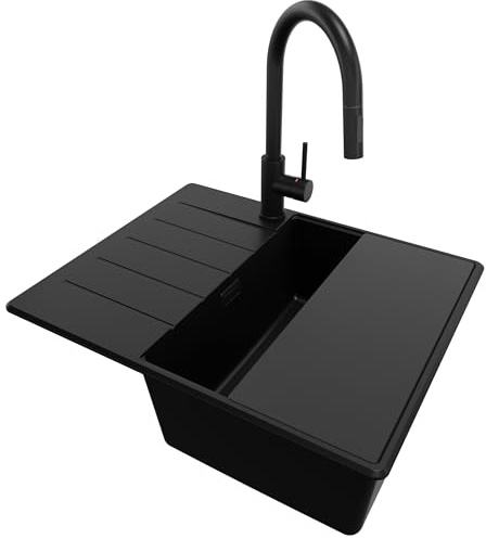 PRIMAGRAN Granitspüle ab 45er Unterschrank + Küchenarmatur, 62x50cm | Set: Küchenarmatur BW9010 + Ablauf-Set + Schneidebrett + Eckspüle 1 Becken - Kopenhagen, Alles Schwarz