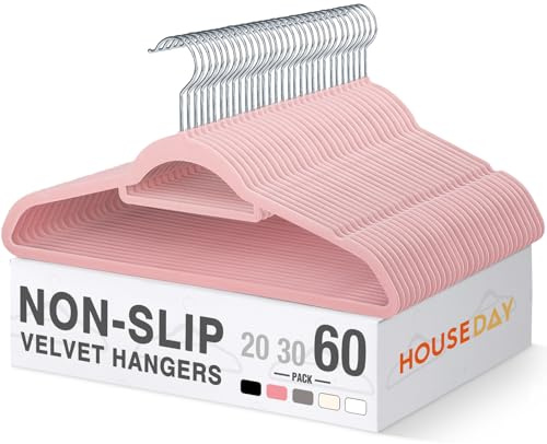 HOUSE DAY Kleiderbügel Samt, 60er Set, Premium Bügel, Kleiderbügel Platzsparend und rutschfest Samtbügel mit 360° drehbarer Haken für Hemden, Anzüge, Pullover, Hosen, Rosa