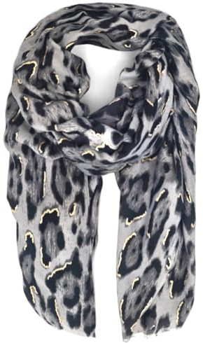styleBREAKER Damen Schal mit Leoparden Muster und goldenen Metallic Akzenten | weiches langes Tuch mit kurzen Fransen 180 x 88 cm