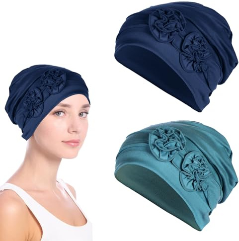 mtuihfo 2pcs Chemo Headwear for Women, Flower Design Soft Beanie Hats, Sleep Caps Cancer Headwear with Hair Loss (Navy + Deep Blue)