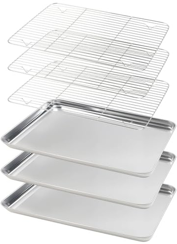 Lot de plaques de cuisson avec grille de refroidissement (3 plaques de cuisson + 3 grilles de refroidissement), en acier inoxydable de qualité alimentaire pour cuire, griller, refroidir et égoutter