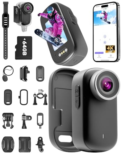 NNYYMH Action Cam 4K, Mini Body Cam Scheda SD da 64 GB | Impermeabile Fino a 30 m, Autonomia della batteria di 180 minuti, grandangolo da 150° e display da 1,47 pollici