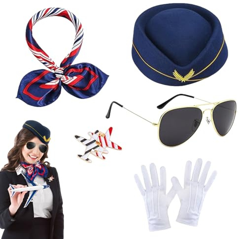 GWAWG 4 Piece Professional Flight Attendant Costume Women's Theme Carnival Costume One-Stop Set with Hat Gloves Brooch Suitable for Halloween, Cosplay, Party, Activities