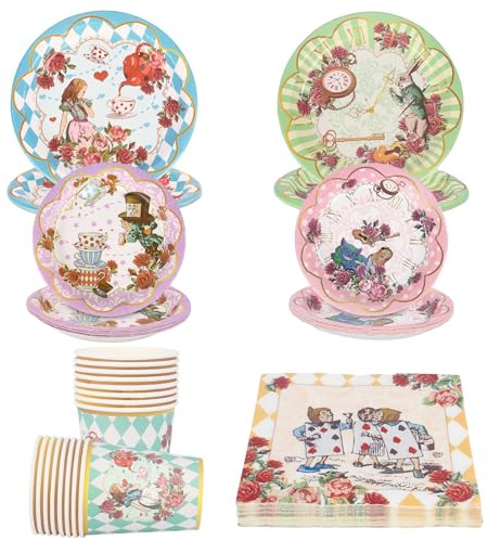 Afternoon Tea Decorations Disposable Paper Plates Napkins Teacups Tea Party Tableware Set for 16 Guests Garden Tea Party Birthday Baby Shower Mother's Day