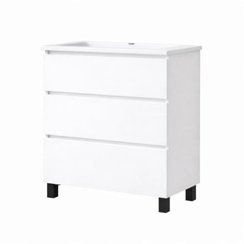 Baikal Mueble de Baño REN. Mueble MONTADO. 3 Cajones con Patas Negras. Armario de Baño. Lavabo Ceramico. Cierre Amortiguado. Altura 75cm. 80cm Blanco.