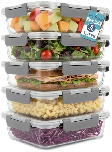 HEFTMAN Glass Food Containers with Lids - Set of 5, 1 Litre | Meal Prep Containers, Airtight Food Storage Container for Leftovers, Lunch, Frozen Fruit & Veg, Microwave & Freezer Safe
