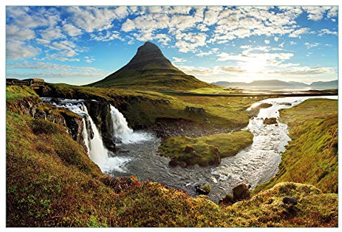Wallario Küchenrückwand selbstklebend 90 x 60 cm, Motiv: Island Panorama Fluss Berge und Blauer Himmel | Spritzschutz abwischbar & pflegeleicht