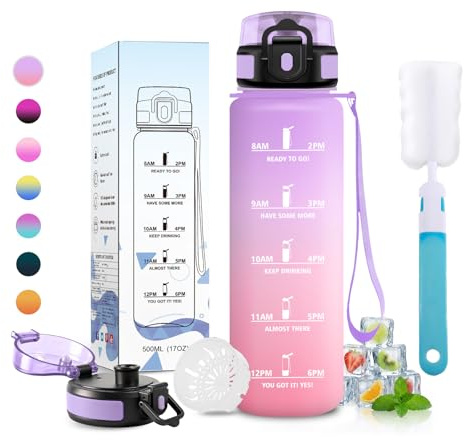 JAPORIA Trinkflasche 500ml, Sportflasche mit Filte, Kohlensäure Geeignet, Auslaufsicher, Wasserflasche mit Zeitmarkierung, für Fitness, Camping