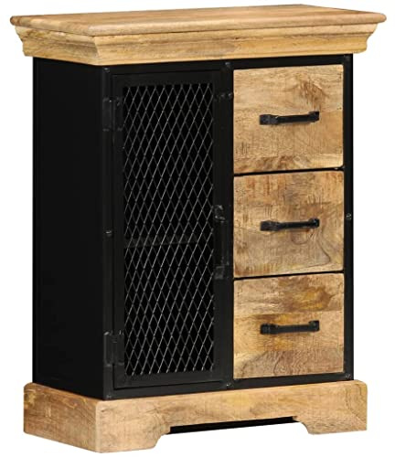 Yamxder Sideboard 60x30x75 cm aus massivem Mangoholz, Vintage Kommode mit 3 Schubladen und 1 Tür, Retro Beistellschrank mit Eisenrahmen für Wohnzimmer und Flur