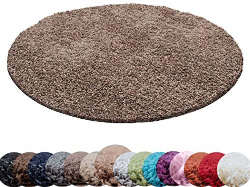 HomebyHome Teppich Rund Hochflor 160 cm Rund - Shaggy Runder Teppich Wohnzimmer Mokka Extra Weich und Flauschig - Waschbarer Langflor Teppiche für Schlafzimmer, Küche, Flur - Carpet, Halı, Kilim