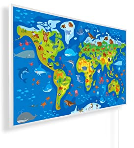 Infrarotheizung mit Bild – Kinderzimmer Bildmotive – TÜV SÜD - 1000 Watt Bildheizung + Smart Thermostat + Könighaus APP - Weißer Rahmen (09. Weltkarte)