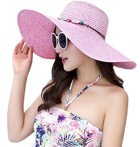 Adrinfly Chapeau de paille pliable à large bord pour femme - Accessoire de plage - Protection UV UPF 50+, rose, Taille unique
