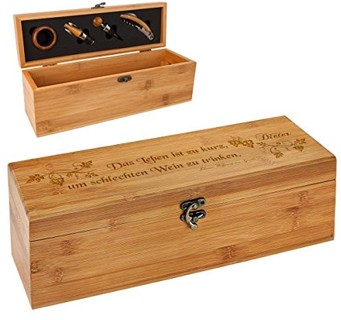 Personalisierte Holzbox mit Gravur - 5-teiliges Sommelier Set - Bambus Geschenkbox für Weinflasche - Weinkiste Geschenk zum Geburtstag - Motiv Poesie