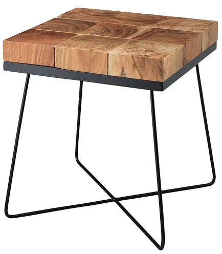 FineBuy Beistelltisch 45 x 45 x 51 cm Akazie Massivholz mit Metallgestell, Industrial Anstelltisch Quadratisch Massiv Holz Tisch Braun, Wohnzimmertisch Modern Holztisch mit Metallbeinen