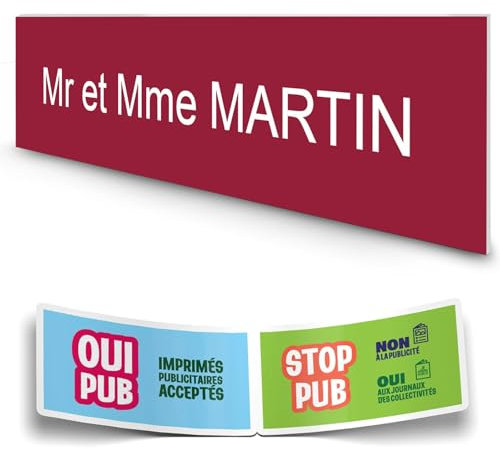 DECOHO - Plaque boîte aux lettres personnalisée adhésive 100x25mm - bordeaux lettres blanches - 1 ligne gravure laser + stickers Sto - Bordeaux