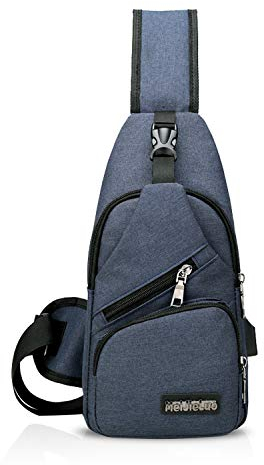 FANDARE Unisex Schultertasche Herren Damen Brusttasche Sling Bag Rucksack mit USB Umhängetasche Sporttasche für Wandern,Abenteuer,Sport, Reisen und Joggen Blau