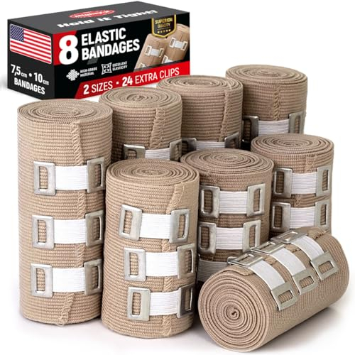 Bandages élastiques de compression - Lot de 8 - (4 x 7.5cm + 4 x 10cm) - Bandage élastique durable +24 clips - S'étire jusqu'à 4,6