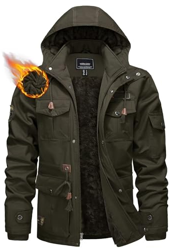 KEFITEVD Winterjacke Herren Warm Gefüttert Herbst Winter Übergangsjacke mit Kapuze Herrenjacke Army Militär Jacke Lange Pilotenjacke Dunkeloliv XL