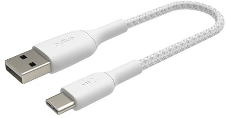 Belkin BoostCharge cable USB C trenzado (cable USB-C a USB-C, cable USB Tipo C para iPhone 16, iPhone 15, Samsung Galaxy S24, S23, Google Pixel, iPad, MacBook, Nintendo Switch y otros), 15 cm, blanco