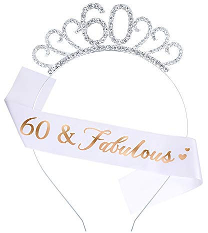 hugttt 60. Geburtstag Tiara und Schärpe 60 Fabulous Champagne Glitter Satin Schärpe und Kristall Tiara Prinzessin Geburtstag Krone für Frauen 60. Geburtstag Party Dekoration (60 Jahre)