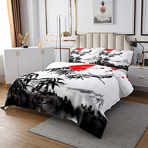Homewish Japanischer Stil Bettdecke, Bergkranich Bettdecke Set 170x210 für Kinder Teens Erwachsene, Bambusblätter Sonnenbett-Set, Vintage-Stil Tagesdecke Leichtes Schlafzimmer Dekor, Grau Weiß