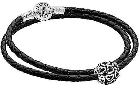 Pandora Damen Leder-Armband Starterset mit Charm Offene Herzen zauberhafter Armschmuck für Frauen, elegante Geschenkidee, 51521-38 38 cm