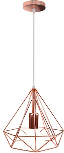 iDEGU Suspension Luminaire Rétro 25CM Lustre Plafonnier Vintage Industriel Lampe Abat-jour Design Cage à Diamant Éclairage de Plafond en Métal pour Salon Chambre Cuisine (Or Rose, 1 pack)