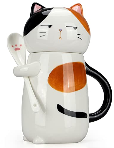 Grande tasse à café mignonne en céramique avec couvercle et cuillère - Tasse amusante en forme de chat pour femme - Tasse à café unique en forme de chat kawaii 3D - Cadeau de Noël amusant - Adorable