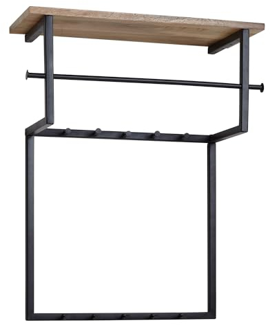 FineBuy Design Wandgarderobe Mango Massivholz Metall 60x76x26 cm, Hakenleiste mit Ablage und Kleiderstange, Flurgarderobe Garderobe Wand Holz