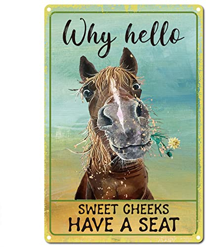 CREATCABIN Hello Sweet Cheeks Sign Vintage Horse Tin Signs Funny Metal Tin Sign Wall Art Garden House Plaque for Bathroom Kitchen Cafe Wall Halloween Christmas Decor, 8 x 12 Inch