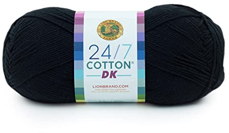 Lion Brand Yarn 24/7 Cotton DK Lightweight Yarn for Crochet, Knitting, Crafts, Caviar, Black, 1 Pack, Natural Fiber for Soft Shawls, Light Blankets, Summer Projects