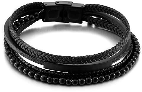 Whoiy Cordon Cuero Trenzado para Pulseras, Pulseras Tous Hombre Negro Perlas Multicapa Tejido de Cesta 20cmx5mm