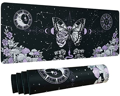 Aesthetic Butterfly Goth Gaming Mouse Pad XL, Mushroom Moon Phase Galaxy Mousepad Black Purple Long Large Desk Mouse Mat, Spooky Witch Goth Desk Accessories Stuff Decor, 31.5 X 11.8 Inch