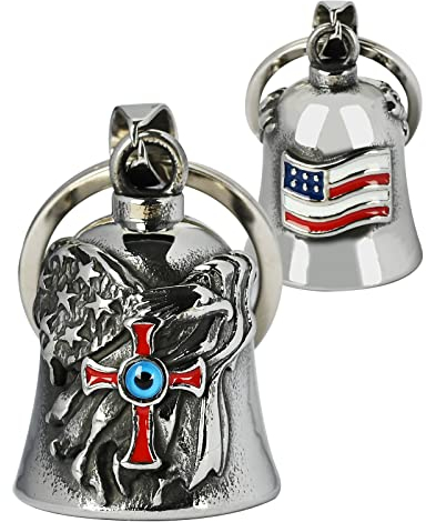 Gremlin Glocken für Motorräder: Adler US Flagge Kreuz Engel mit bösem Blick Motorrad Glocke Schlüsselanhänger,Biker Reiten Zubehör Glocke für Glück all Ihr Leben, Silber, Large